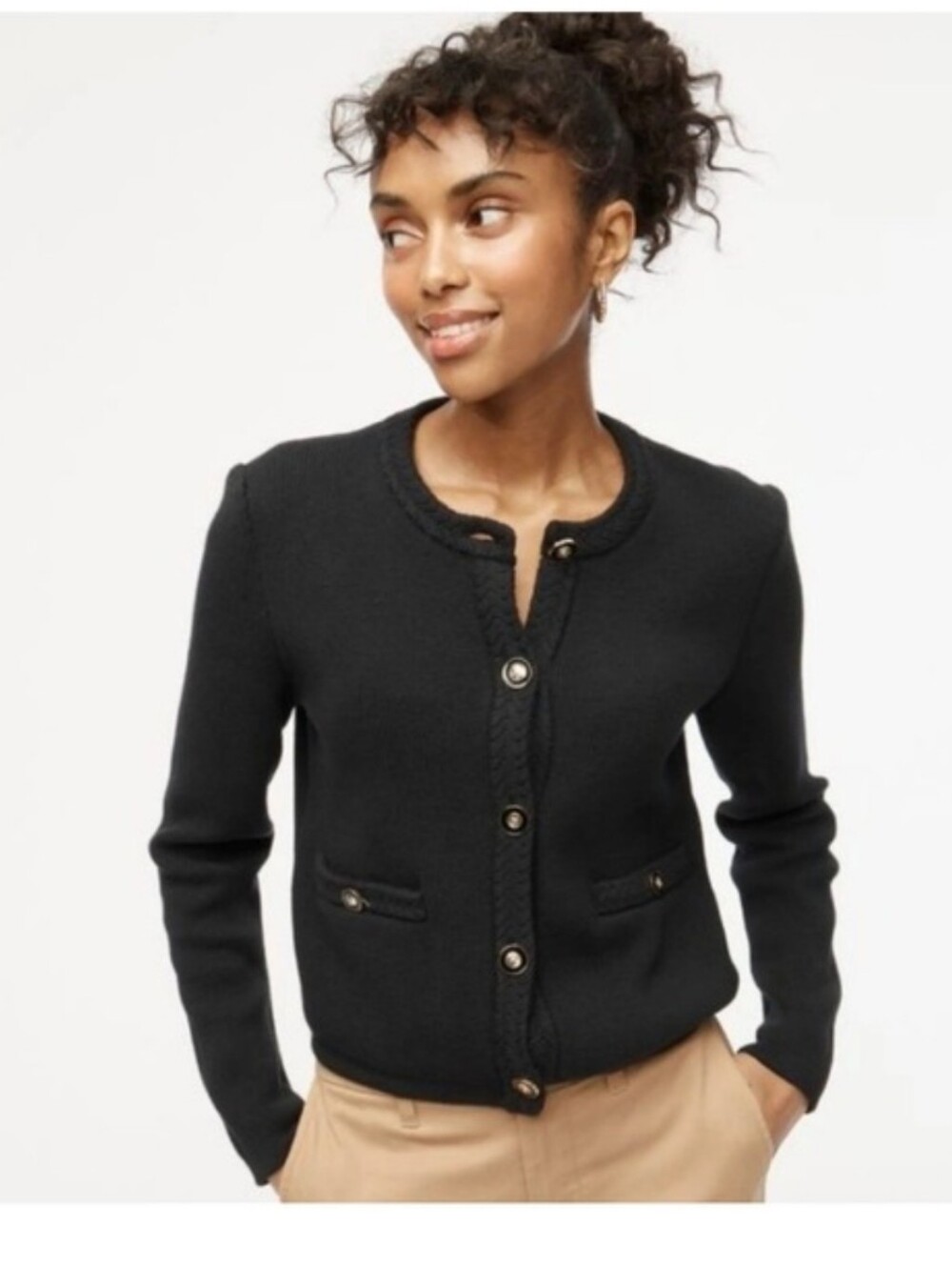 J.Crew Emilie Patch Pocket Cardigan Sweater Black Gold Button Lady Jacket M